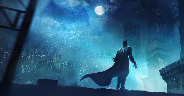 Batman in Gotham City during a rainstorm