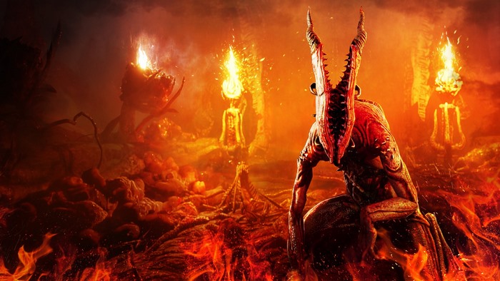Demon creature in a fiery hellscape