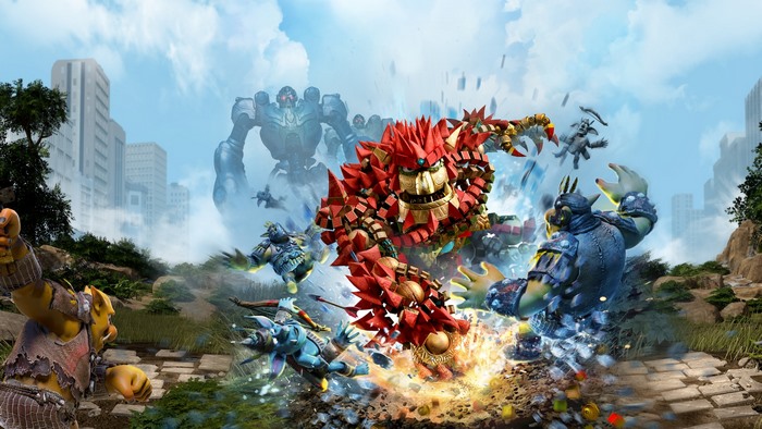 Knack 2 characters fighting in a city