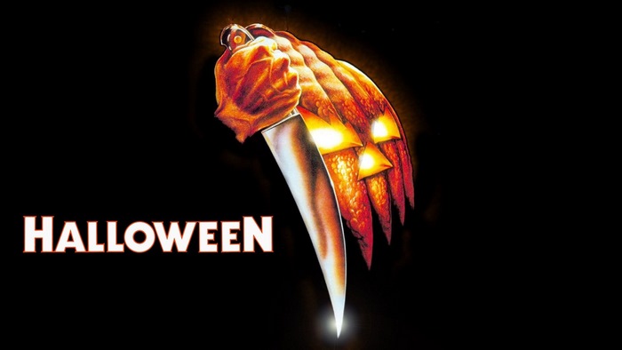 Halloween movie poster with knife and jack-o'-lantern