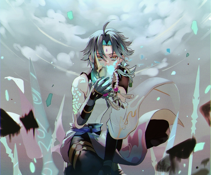 Xiao from Genshin Impact holding a mask