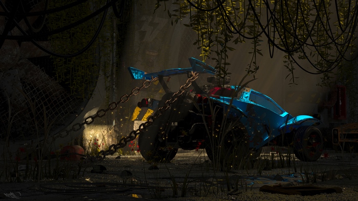 Abandoned blue car chained in overgrown ruins