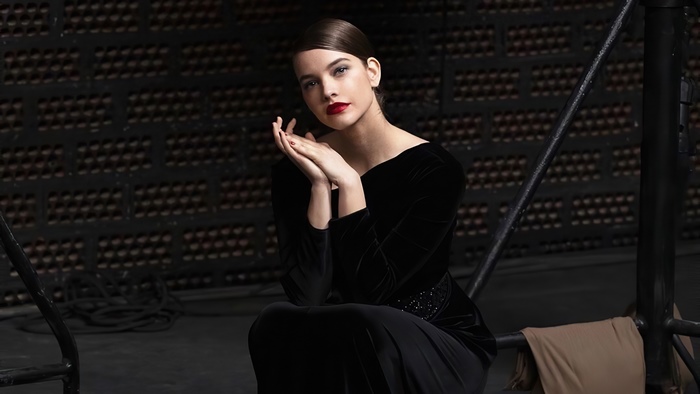 Barbara Palvin in black velvet dress