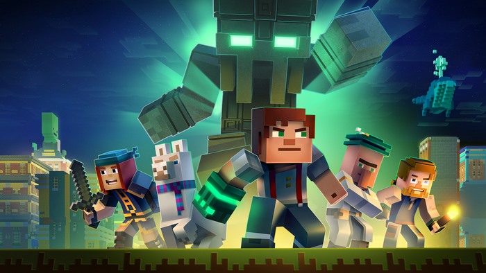 Minecraft: Story Mode characters facing a giant monster