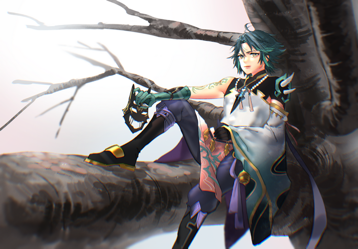 Xiao from Genshin Impact sitting on a tree branch