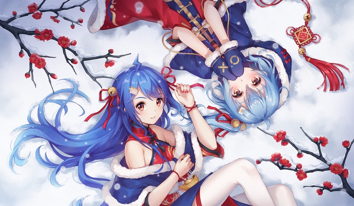 Two Bili Bili girls in winter outfits with snow and plum blossoms