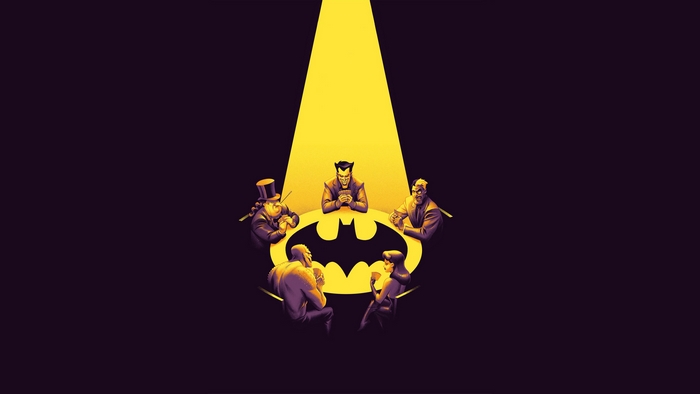 Batman villains playing cards under the Bat-Signal