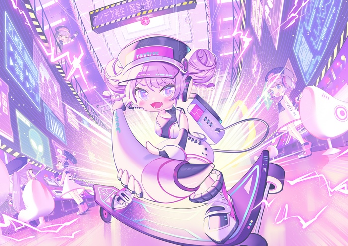 Girl with Purple Hair and Headphones on Skateboard