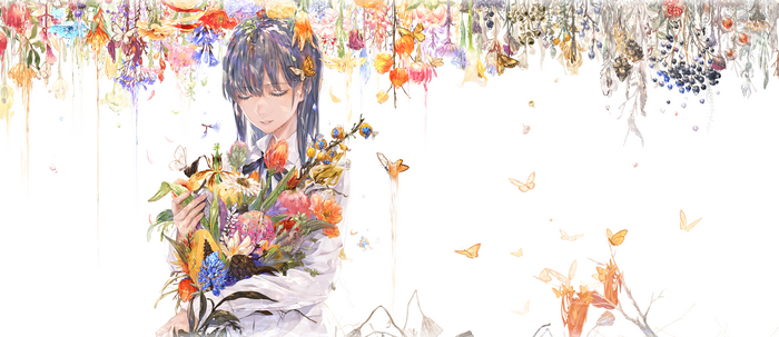 Girl with Blue Hair Holding Flowers and Butterflies