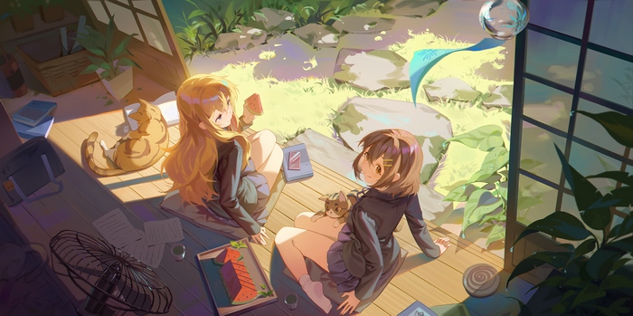 Yui and Tsumugi from K-ON! with cats