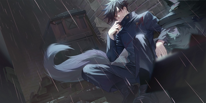 Megumi Fushiguro with wolf companion in rain