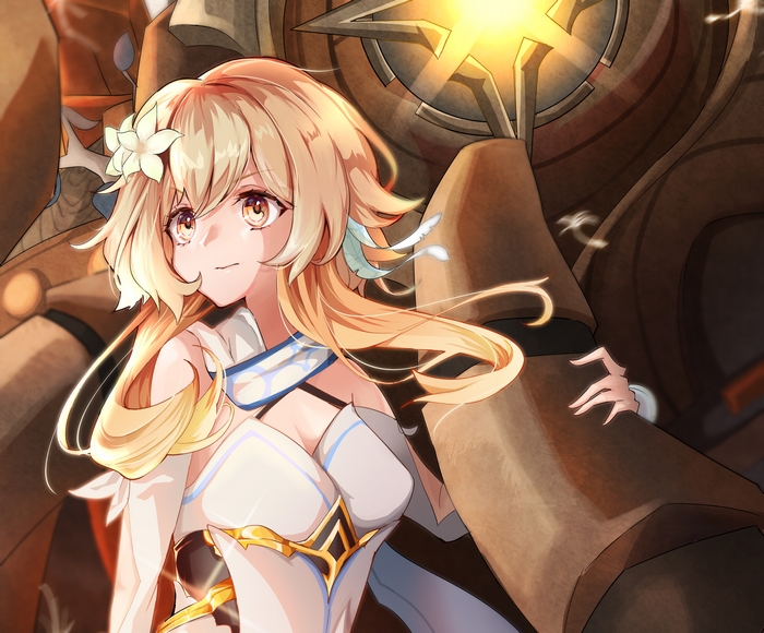 Lumine from Genshin Impact with a large automaton