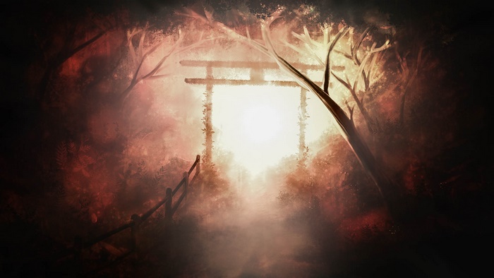 Torii gate in a misty forest