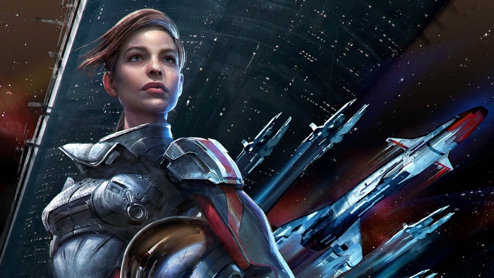 Female soldier from Mass Effect in front of spaceships