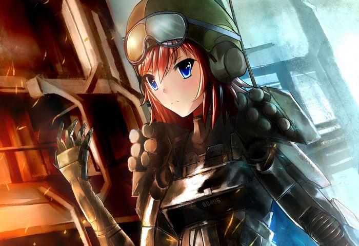 Anime girl in futuristic armor with blue eyes