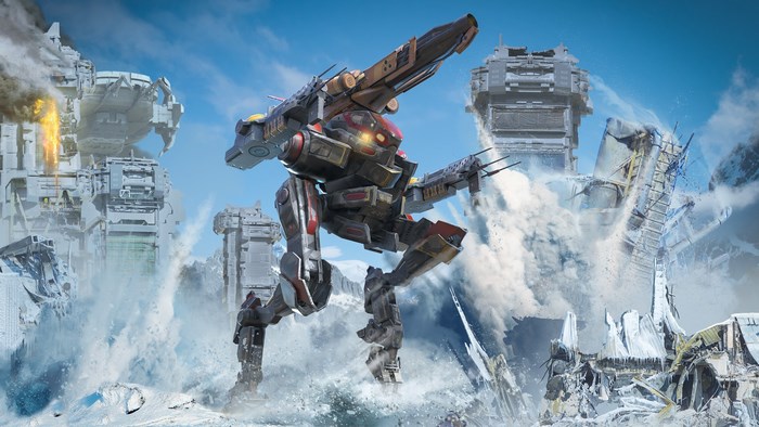 War Robots mech in snowy ruins