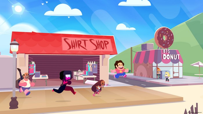 Steven Universe characters running in Beach City