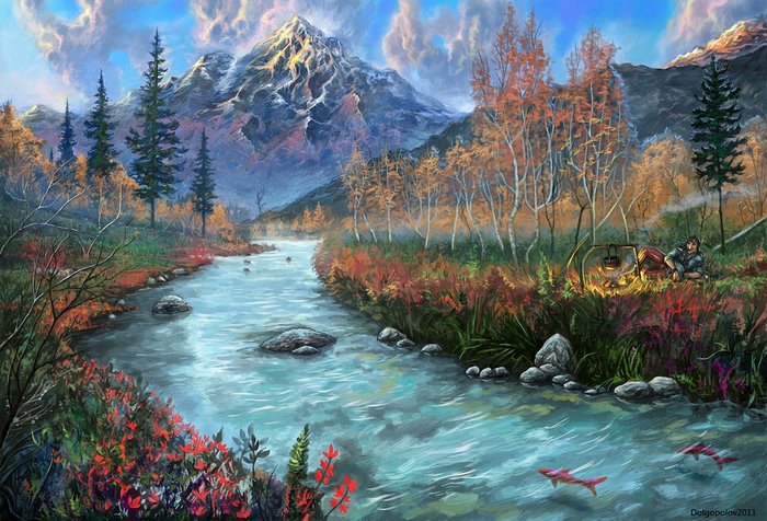 Man camping by a river with mountains and fish