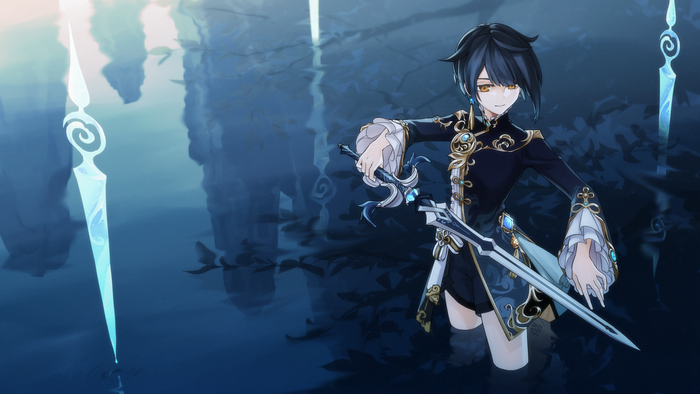 Xingqiu from Genshin Impact holding swords in water