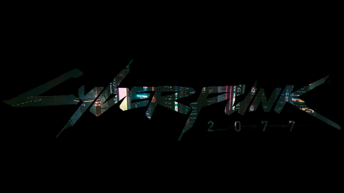Cyberpunk 2077 logo with Night City background
