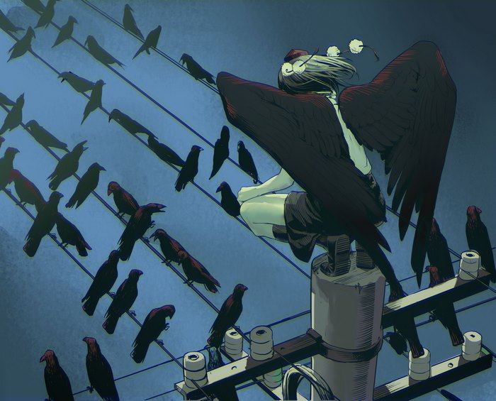 Aya Shameimaru from Touhou HD sitting on a utility pole surrounded by crows