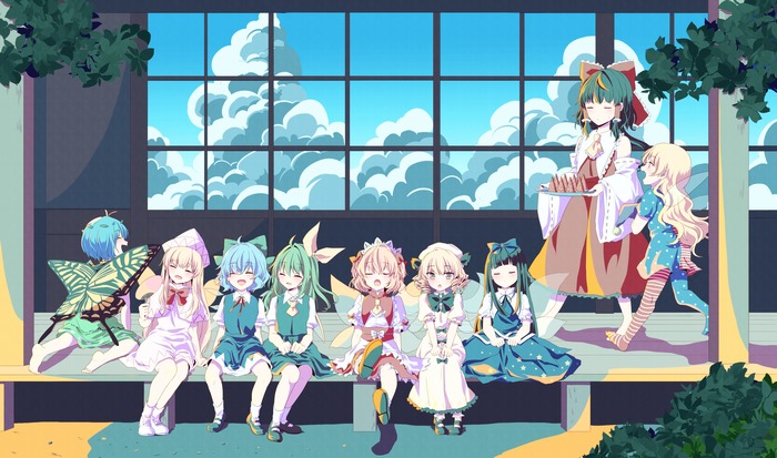 Touhou characters sitting on a bench with clouds in the background