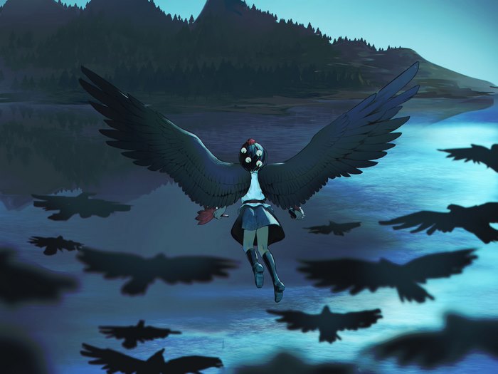 Aya Shameimaru flying with crows