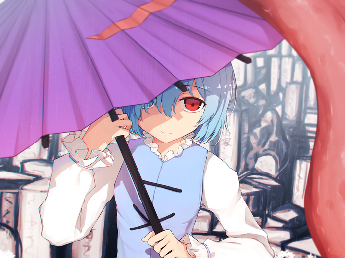 Kogasa Tatara from Touhou holding a purple umbrella