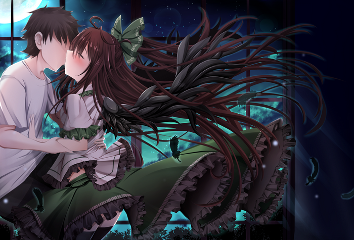 Utsuho Reiuji from Touhou kissing a man