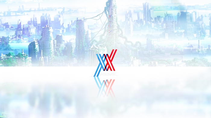 Darling in the FranXX logo with city background