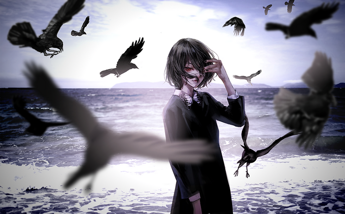 Mei Misaki from Another with crows by the sea