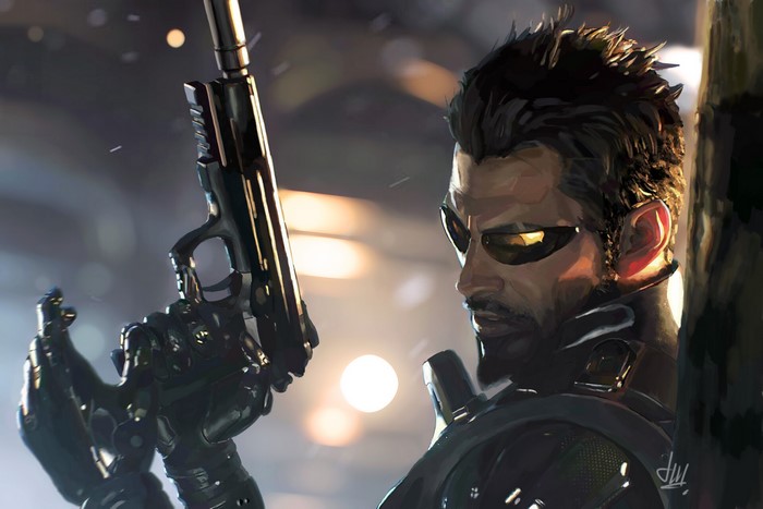 Adam Jensen from Deus Ex: Mankind Divided holding a gun
