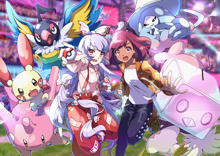 Gloria and Fujiwara no Mokou with Pokémon