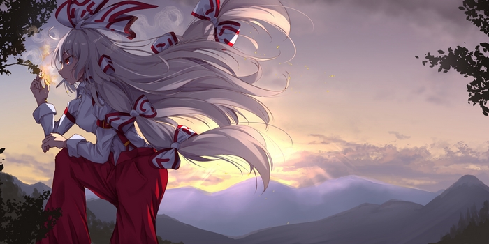 Fujiwara no Mokou from Touhou smoking at sunset