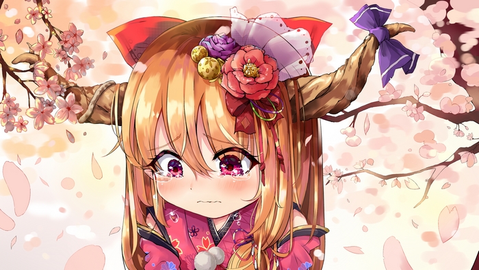 Suika Ibuki from Touhou crying under cherry blossoms