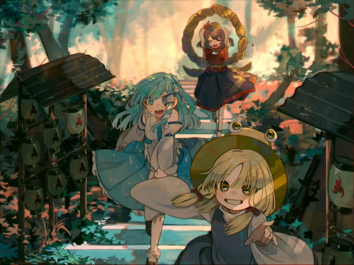 Touhou: Sanae Kochiya, Suwako Moriya, and Kanako Yasaka in a forest