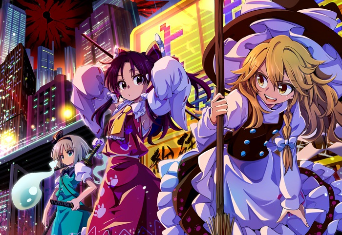 Touhou Characters in Vibrant City Night Scene