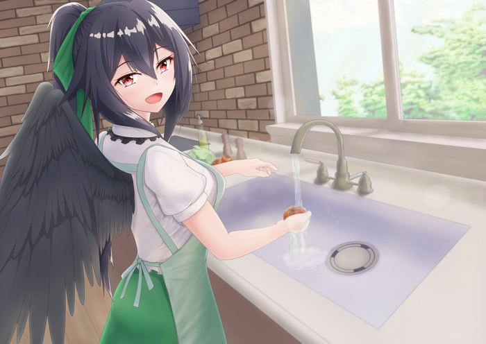 Utsuho Reiuji from Touhou washing an apple