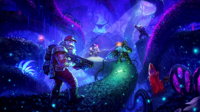 Deep Rock Galactic characters in a bioluminescent cave
