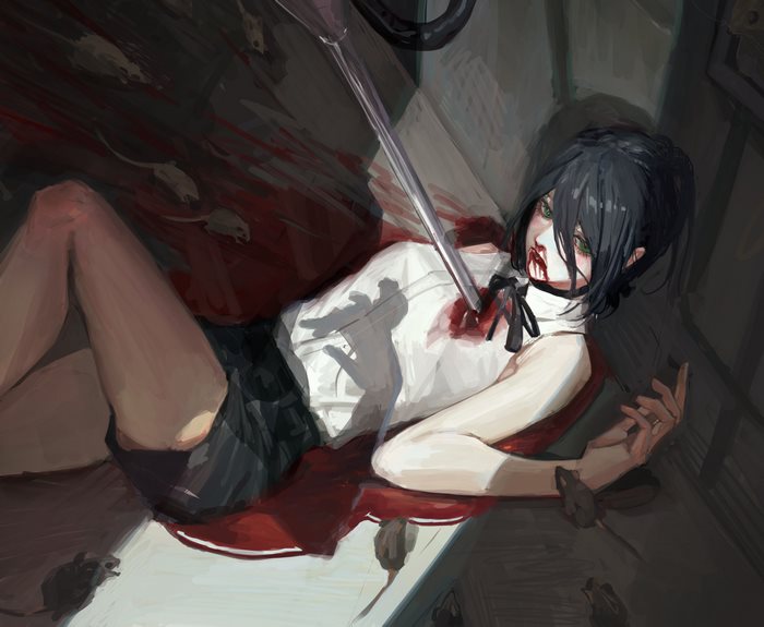 Reze from Chainsaw Man impaled by a sword