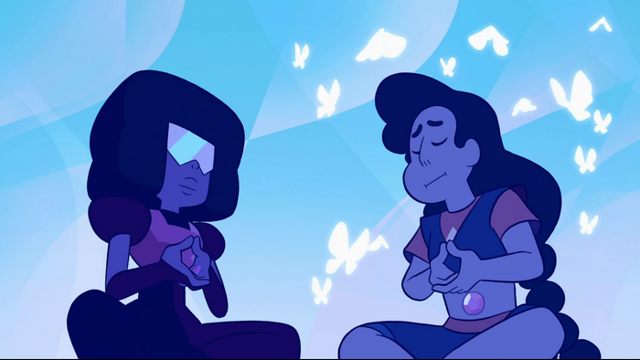 Garnet and Stevonnie meditating with butterflies
