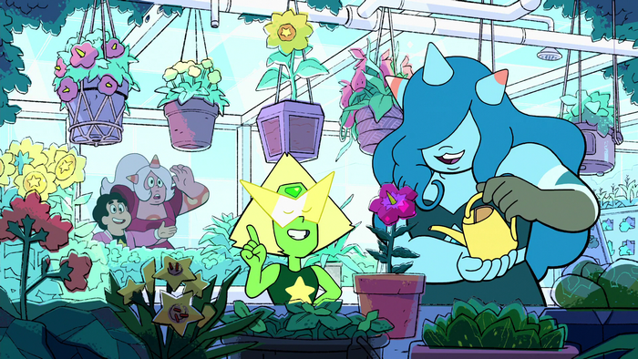 Steven Universe characters in a greenhouse
