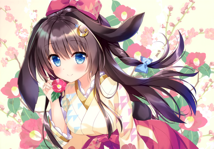 Girl with animal ears in Japanese clothes holding a flower