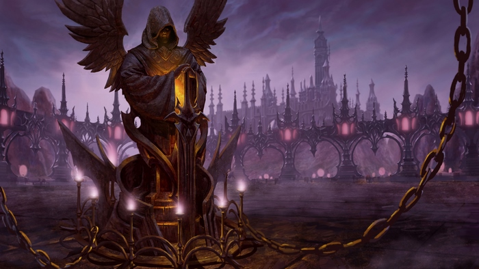 Dekaron statue in a dark fantasy city
