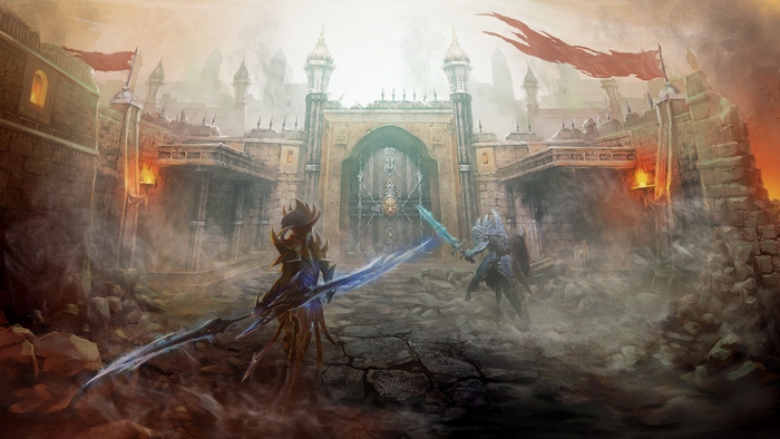 Two armored warriors with glowing swords in front of a castle gate