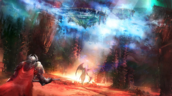 Knight facing a winged demon in a fantasy landscape