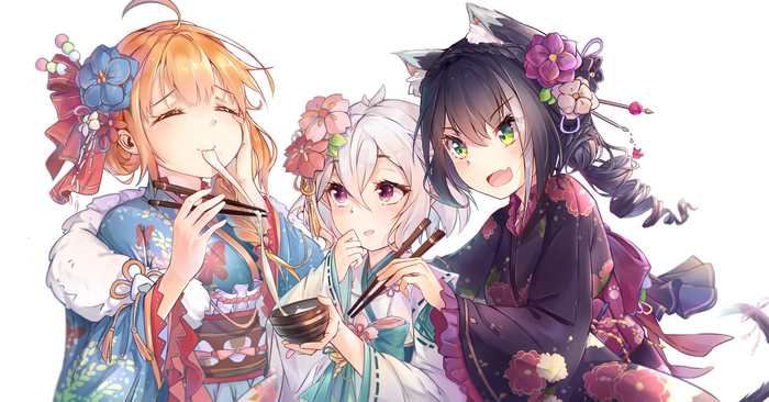 Three anime girls in kimonos eating