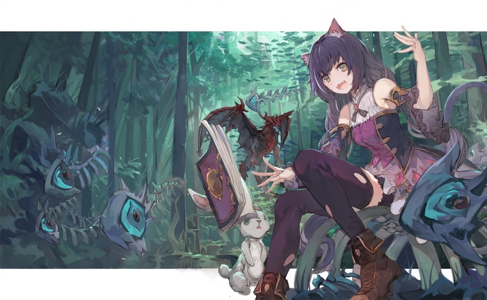 Karyl Momochi with dragons and book in forest