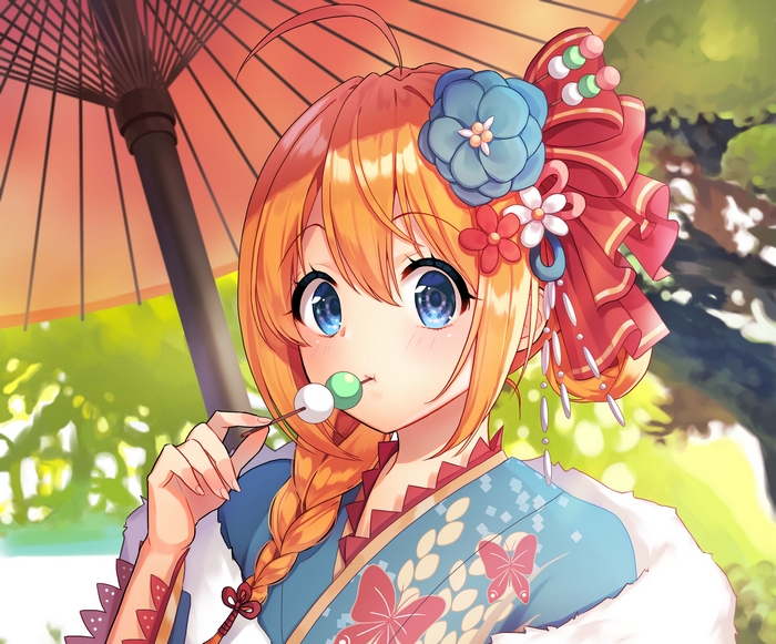 Pecorine from Princess Connect eating dango