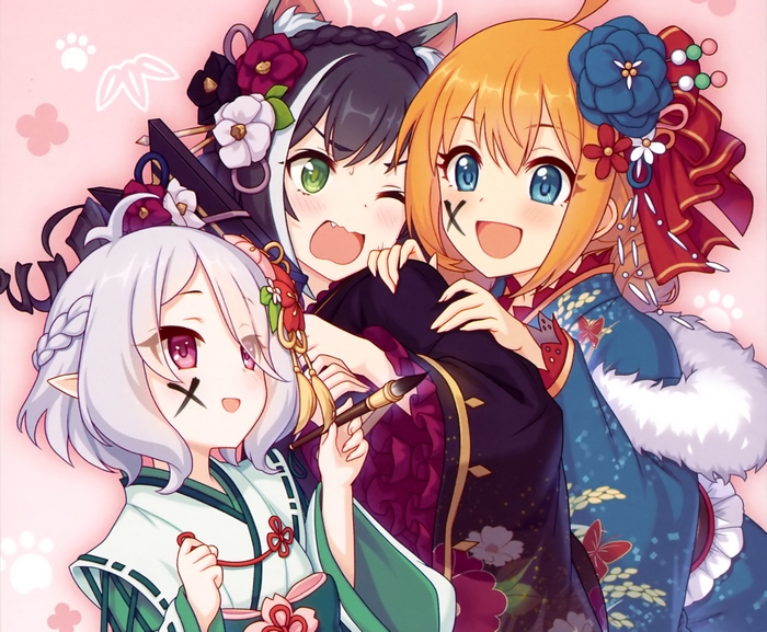 Three anime girls in kimonos with cat ears and elf ears